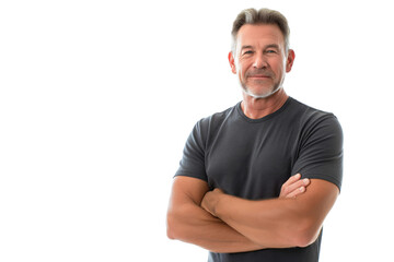 Obraz premium Middle-Aged Man in Black T-Shirt Smiling on White Background