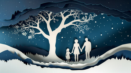 Family tree silhouette cut out of paper, with a man, woman, and child holding hands, set against a serene blue background, evoking a sense of unity and connection through simple design.