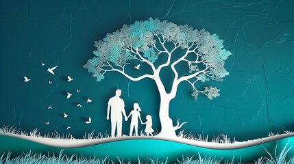 Family tree silhouette cut out of paper, with a man and two children holding hands, set against a serene blue background, evoking a sense of unity and connection through simple design.