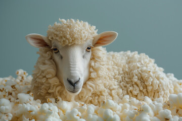 A sheep is up to its necks in a sea of popcorn, creating a surreal and amusing scene that blurs the lines between the ordinary and the extraordinary.
