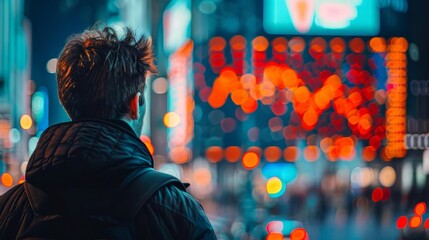 Naklejka premium Man looking at vibrant city lights at night, captured from behind. Illuminated urban scene with bokeh effect. Nightlife and exploration.