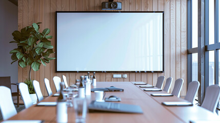 Interactive presentations focus around a blank medium-sized digital TV in a modern corporate setting.