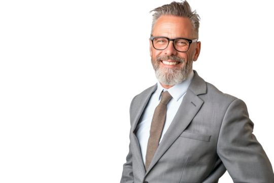 Middle-Aged Man in Grey Suit with Glasses Smiling on White Background