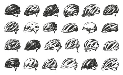 Doodle Style Cycling Helmets Icon Set. Cycling, Helmet, Bike, Bicycle, Safety, Headgear, Sport, Outdoor, Protection, Head, Headwear, Ride, Biking, Adventure, Hand Drawn, Sketch, Drawing, Simple, Low