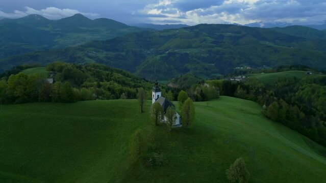 Bukov vrh Hill, Poljane Valley, Church of Our Lady of Sorrows, aerial