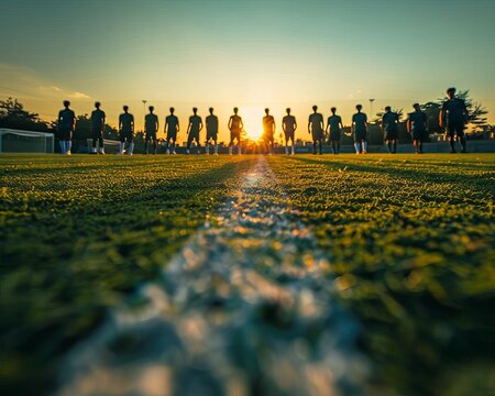 Sunset practice session with a soccer team lined up on the field, capturing the essence of teamwork against a vibrant sky. - Powered by Adobe