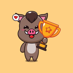 boar holding gold trophy cup cartoon vector illustration.
