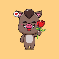 boar holding rose flower cartoon vector illustration.