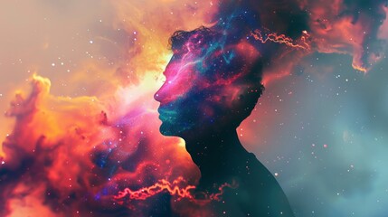 A vibrant, surreal digital art portrait of a person's silhouette blending with colorful cosmic clouds, symbolizing imagination and creativity.