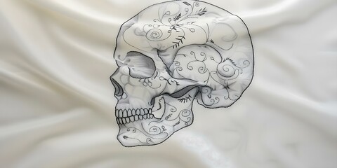 A white fabric adorned with an intricately embroidered skull design. Concept Skull Embroidery, White Fabric, Intricate Designs, Textile Art