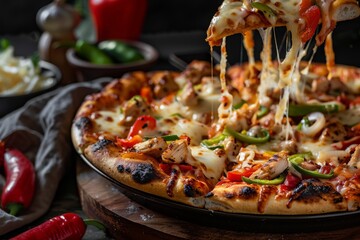 chicken fajita pizza with pizza slice and drooling cheese in a resturant table against a cinematic background, photography 