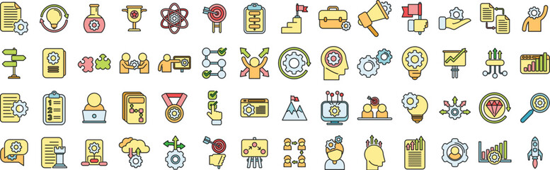 Realization icons set outline vector. Self dream. Success victory thin line color flat on white