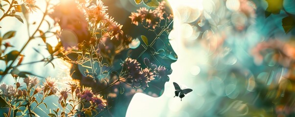 Artistic double exposure image of a woman and nature, blending a silhouette with flowers and butterfly in ethereal light.