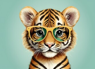 Cute baby tiger with sunglasses generative AI illustration 