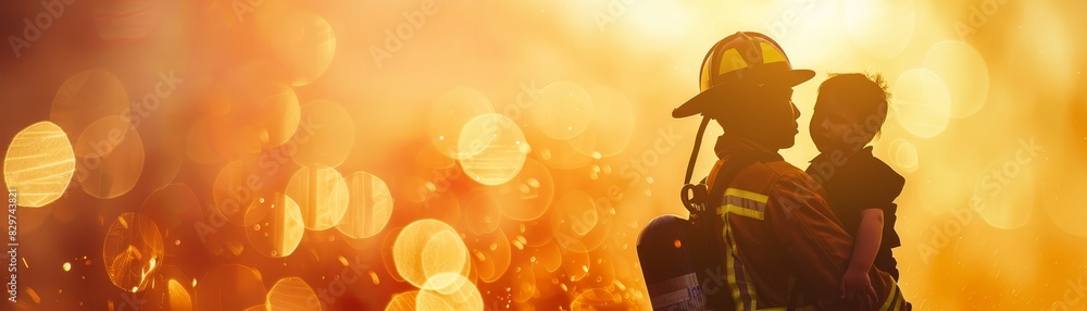 Wall mural brave firefighter rescuing a child from dangerous situation. heroism and courage concept in front of