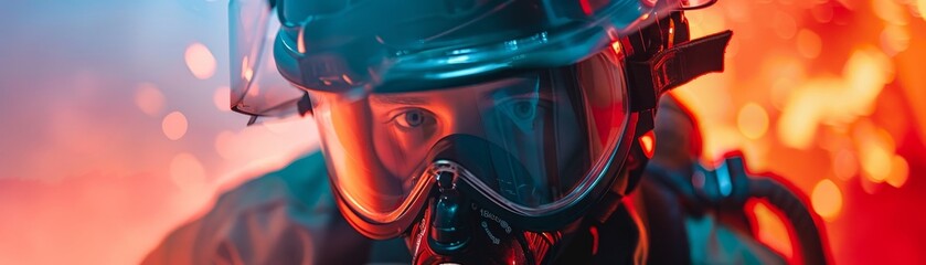 Close-up of a firefighter in protective gear battling flames, showcasing bravery, focus, and intensity in a hazardous environment.