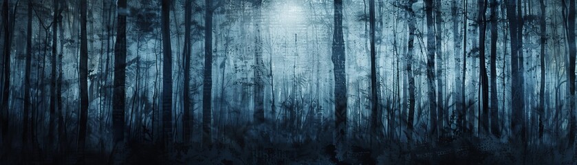 Dark, eerie forest in the moonlight with tall trees and thick fog creating a mysterious, haunting atmosphere.