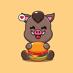 boar with burger cartoon vector illustration.