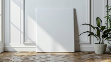 Blank white canvas frame in elegant room with natural sunlight and green plant creating a minimal and versatile decor setting. Generative Ai.
