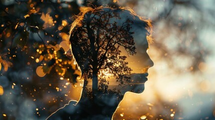 Double exposure of a man and a tree against a sunset, symbolizing connection between nature and humanity, with warm and peaceful ambiance.