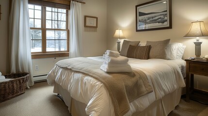 A guest bedroom with a cozy bed, neutral colors, and a welcoming atmosphere with fresh towels and a basket of amenities.