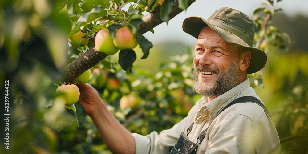 Poster a man in a hat is picking apples from a tree. he is smiling and he is enjoying himself
