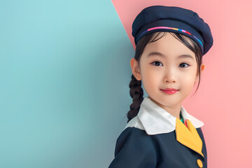Asian child girl posing in Air hostess uniform costume on pastel background.