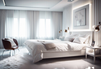hotel bedroom, white glossy color, interior design, ad shot
