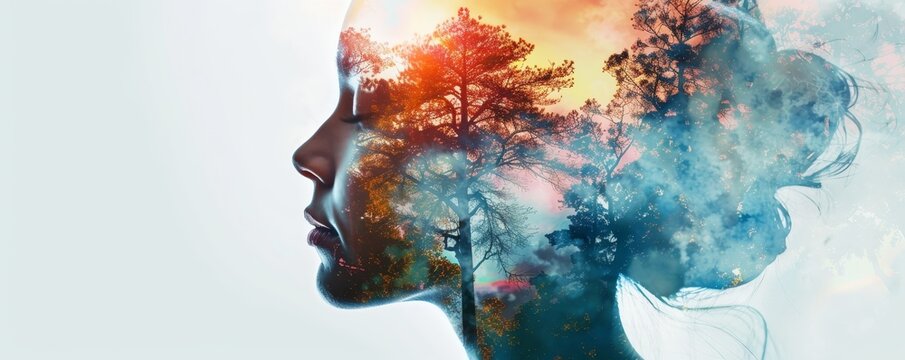 Double exposure of a woman's silhouette with a forest landscape, symbolizing connection with nature and inner peace, vibrant colors blend seamlessly.