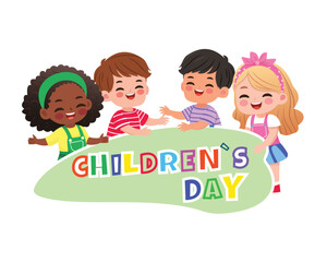 Template design with happy international children. Happy Children day. Cartoon characters in flat style, Vector illustration