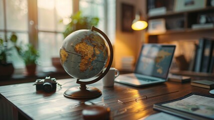 Vintage globe, laptop map, and open book adorn well-lit wooden desk, creating an inviting space for exploration under warm sunset glow.