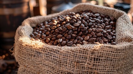 Roasted coffee beans stored in a burlap sack