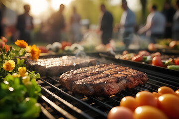 se-up of a sizzling BBQ captures the essence of a spring or summer evening celebration, with joyful people in the background