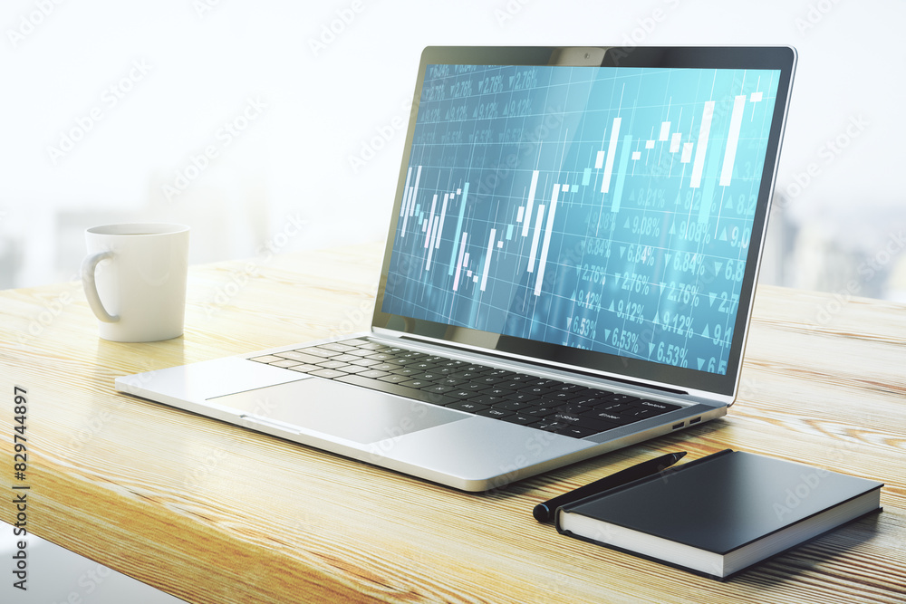 Poster Modern computer screen with abstract financial diagram, banking and accounting concept. 3D Rendering