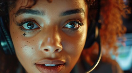 Helping client with business travel, travel agent wears headset, aids over phone.