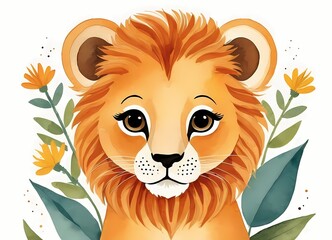Cute Floral Baby Lion Generative AI Illustration 
