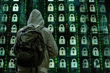 Fototapeta premium Hoodie-clad figure standing before a wall of padlocks representing digital security and hacking concepts.