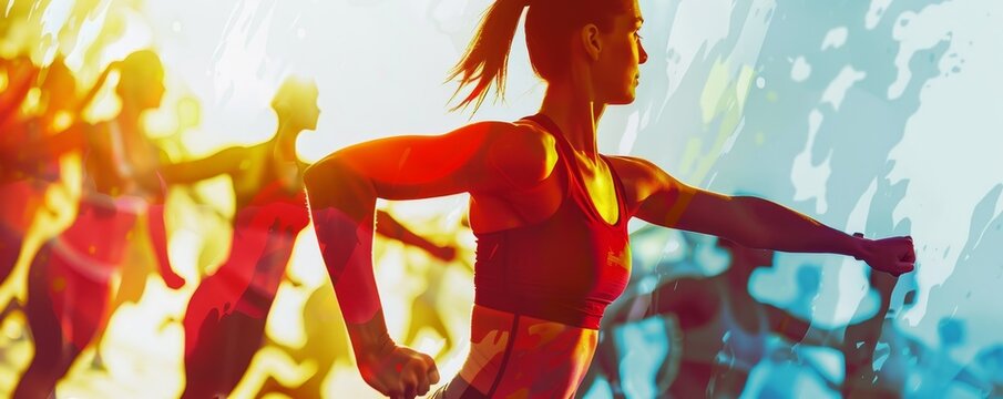 Dynamic women in fitness class exercising with vibrant energy and colorful abstract background, promoting healthy lifestyle and movement.