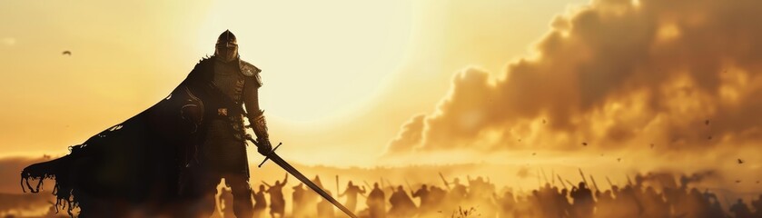 Epic battle scene at sunset featuring a warrior in full armor with sword drawn, standing strong against an army, illuminated by the golden light.