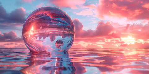 A glass ball floats on top of a body of water