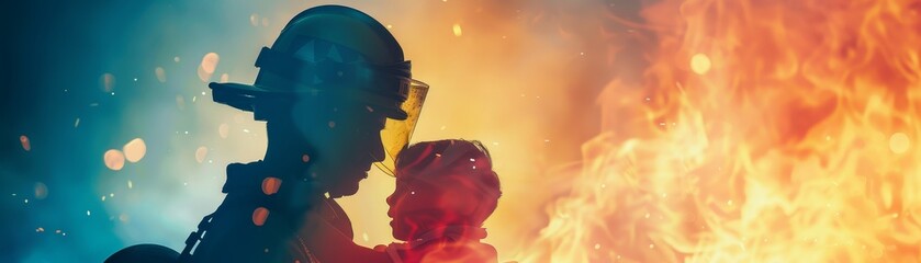 Heroic firefighter rescuing a child from blazing fire, showcasing bravery and courage in the face of danger and emergency response.
