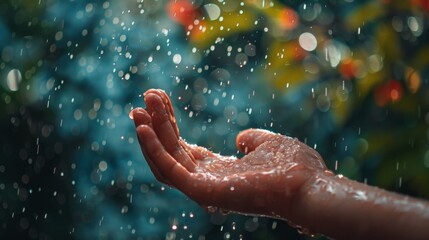 Fototapeta premium A hand holding out a palm to catch raindrops falling from the sky, with a joyful expression capturing the simple pleasure of nature.