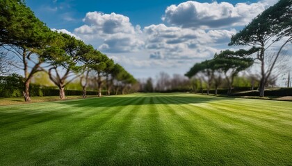 Naklejka premium Lush Spring Landscape: Trimmed Lawn and Tree Line