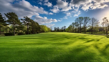 Peaceful Spring Scene: Neatly Cut Lawn and Blue Sky