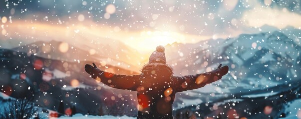 Person enjoying a snowy mountain view at sunset with arms wide open, embracing the winter scenery and fresh snowfall.