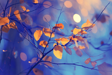 Golden autumn leaves on branches with a blue light bokeh background