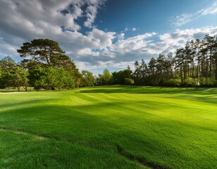 Obraz premium Spring Serenity: Lush Lawn and Tree-Lined Horizon