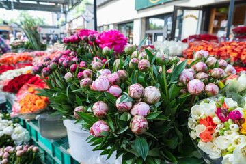 Peony flowers on steet market