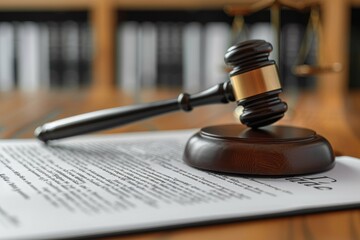 Close-up of a wooden gavel and legal document on a judge's desk in a courtroom setting, symbolizing justice, law, and legal proceedings.