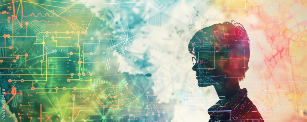 Poster silhouette of a man with digital patterns, symbolizing technology, innovation, and data analytics, i